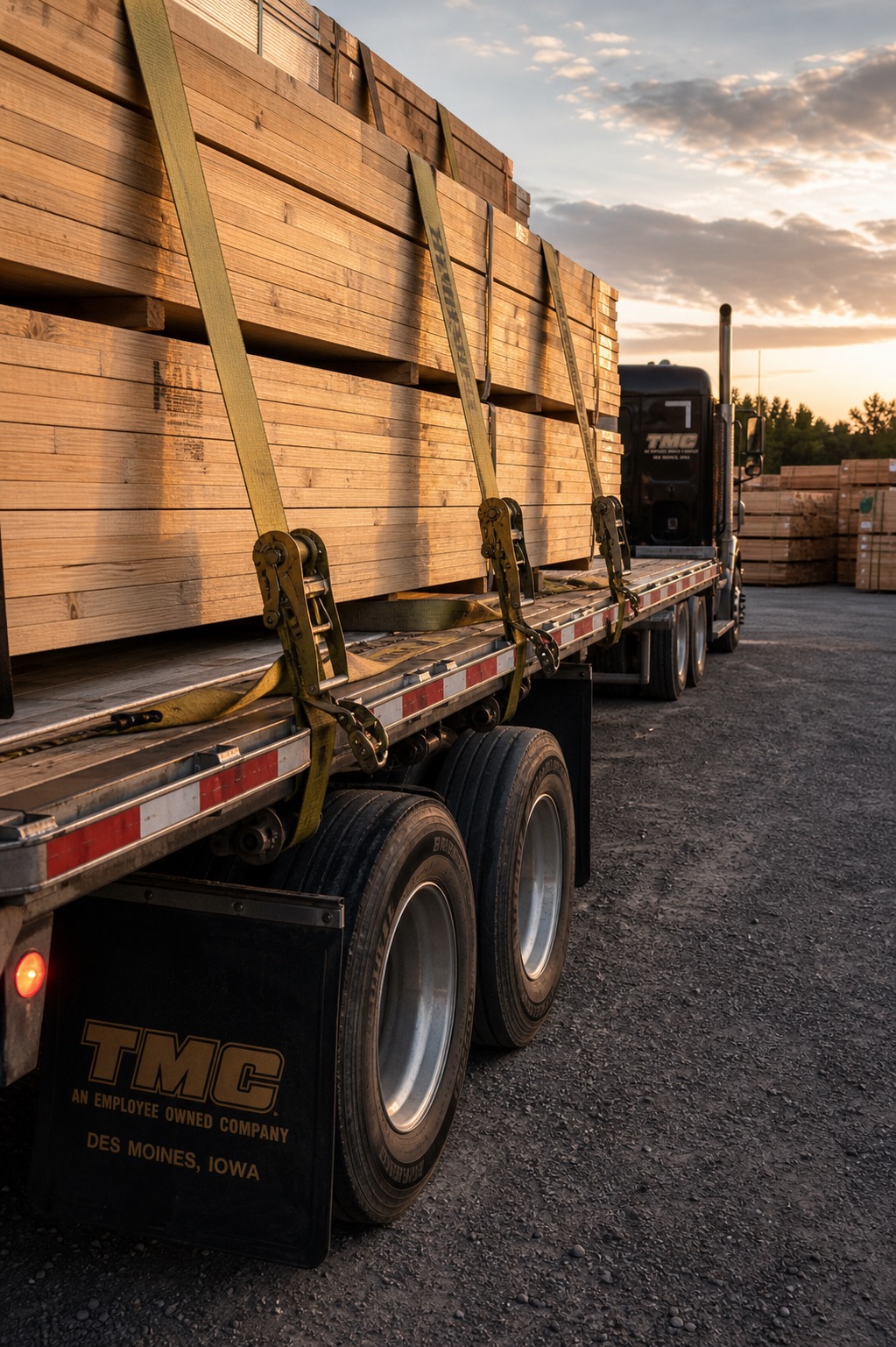 Flatbed trailer loaded with strapped lumber at sunset