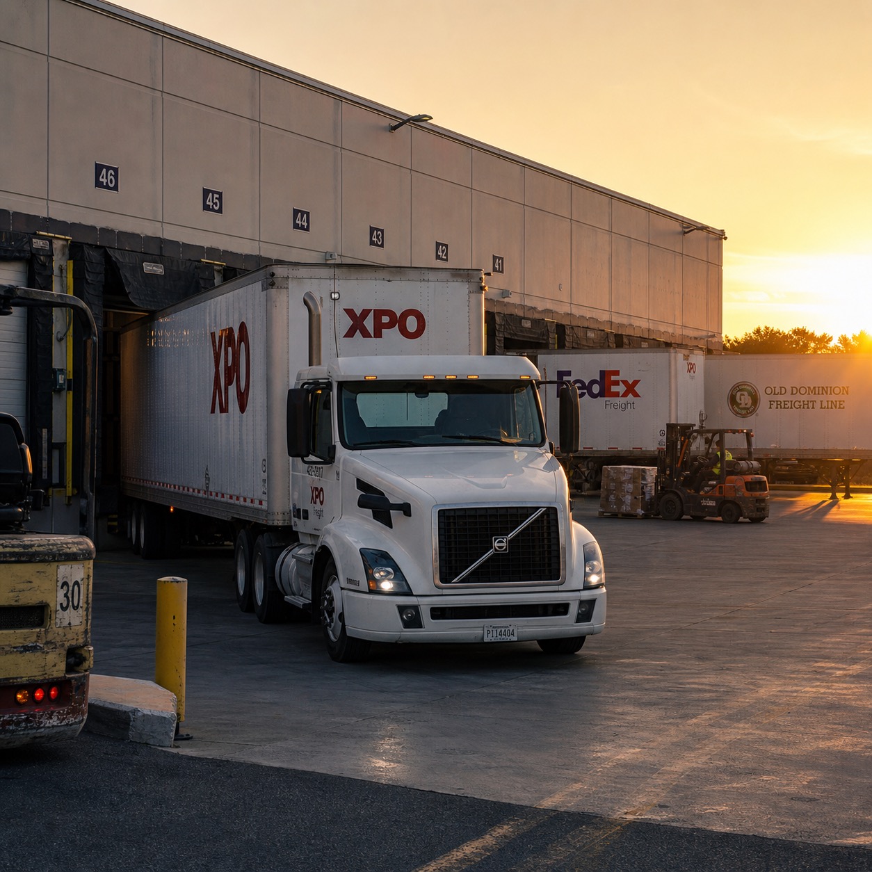 XPO trailer backed into a loading dock at sunset