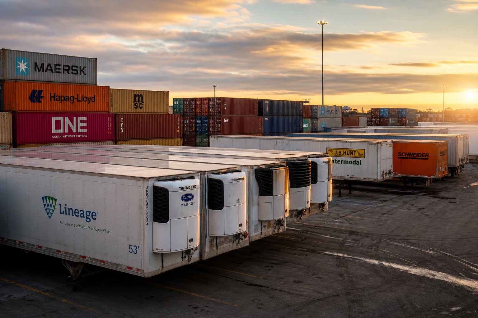 Reefer trailers and branded containers in a freight yard