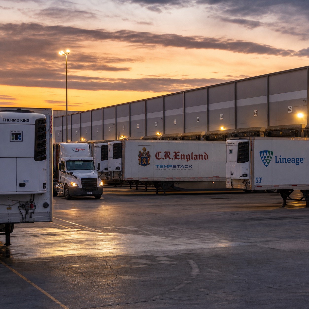 Reefer trailers lined up in a freight yard at sunset